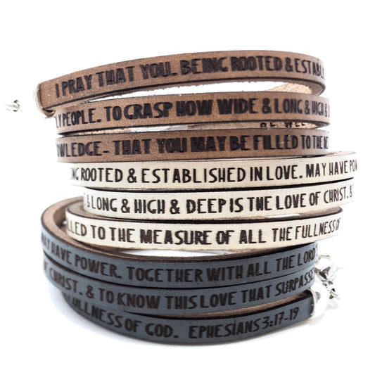 Rooted and established in love...Christian Leather Triple Wrap Prayer Bracelet. Ephesians 3:17-19 Bible Jewelry. Religious Gift for Women.
