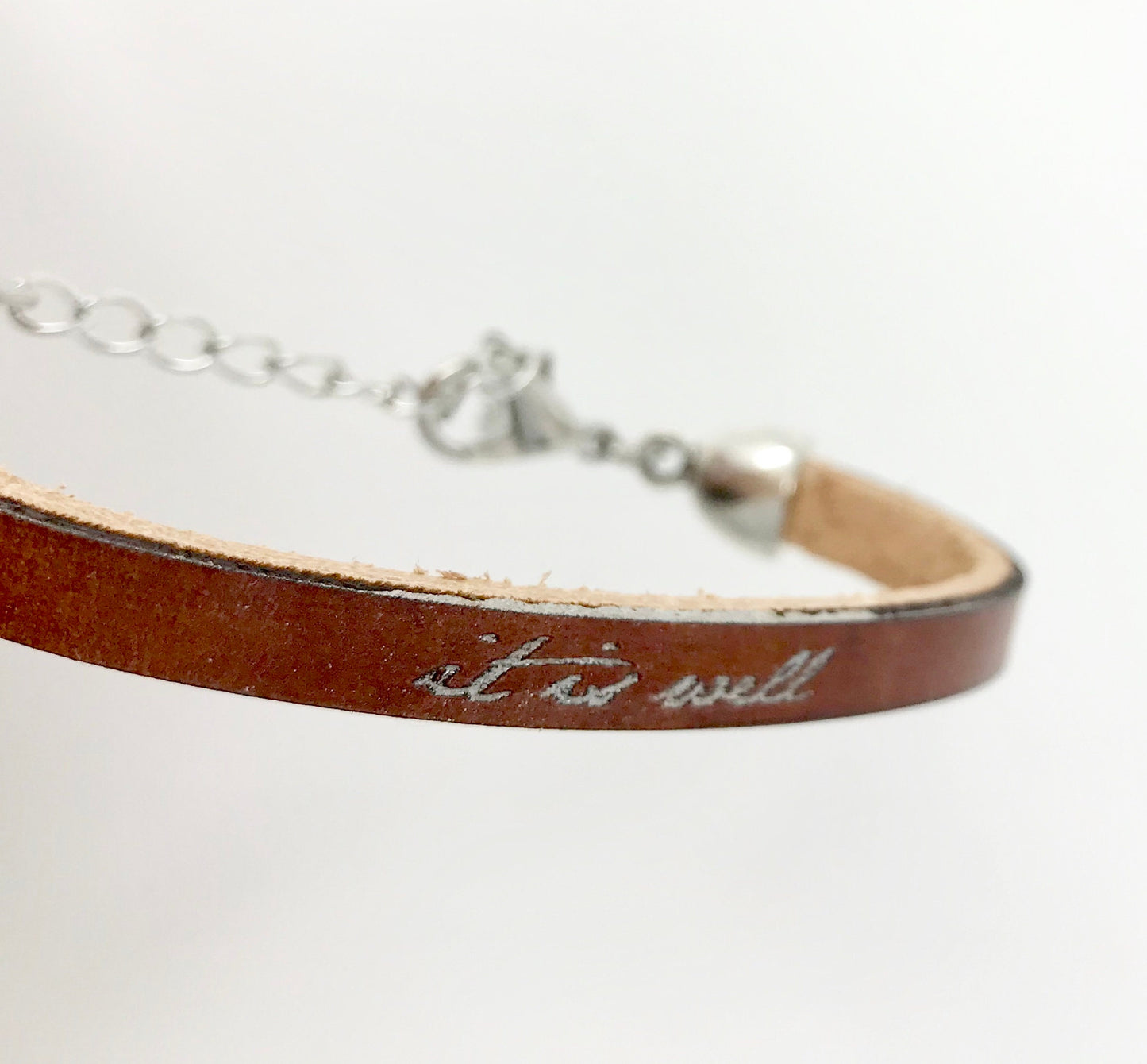 It is Well : Brown and Silver Leather Bracelet