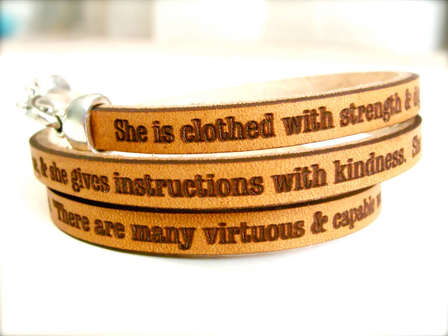 Proverbs 31:25-29 Daily Reminder Leather triple wrap bracelet