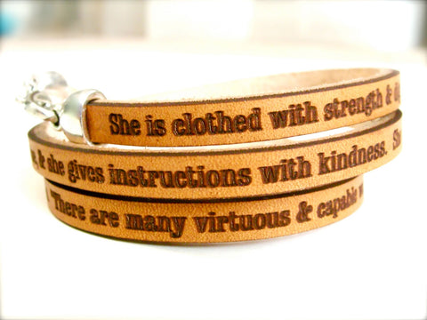 Proverbs 31:25-29  Daily Reminder Leather triple wrap bracelet