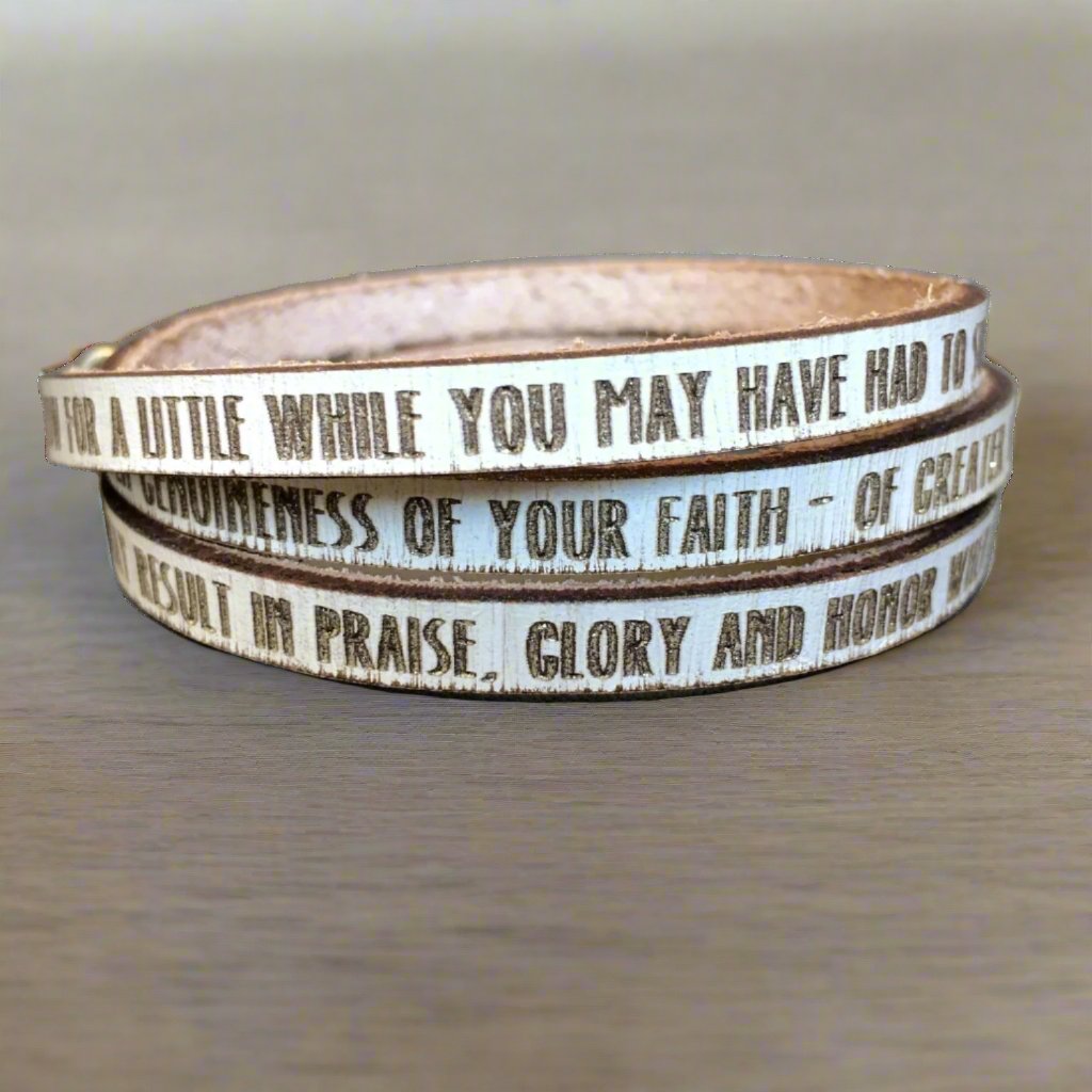 Refined by fire...1 Peter 1:6-7 Daily Reminder Leather wrap bracelet