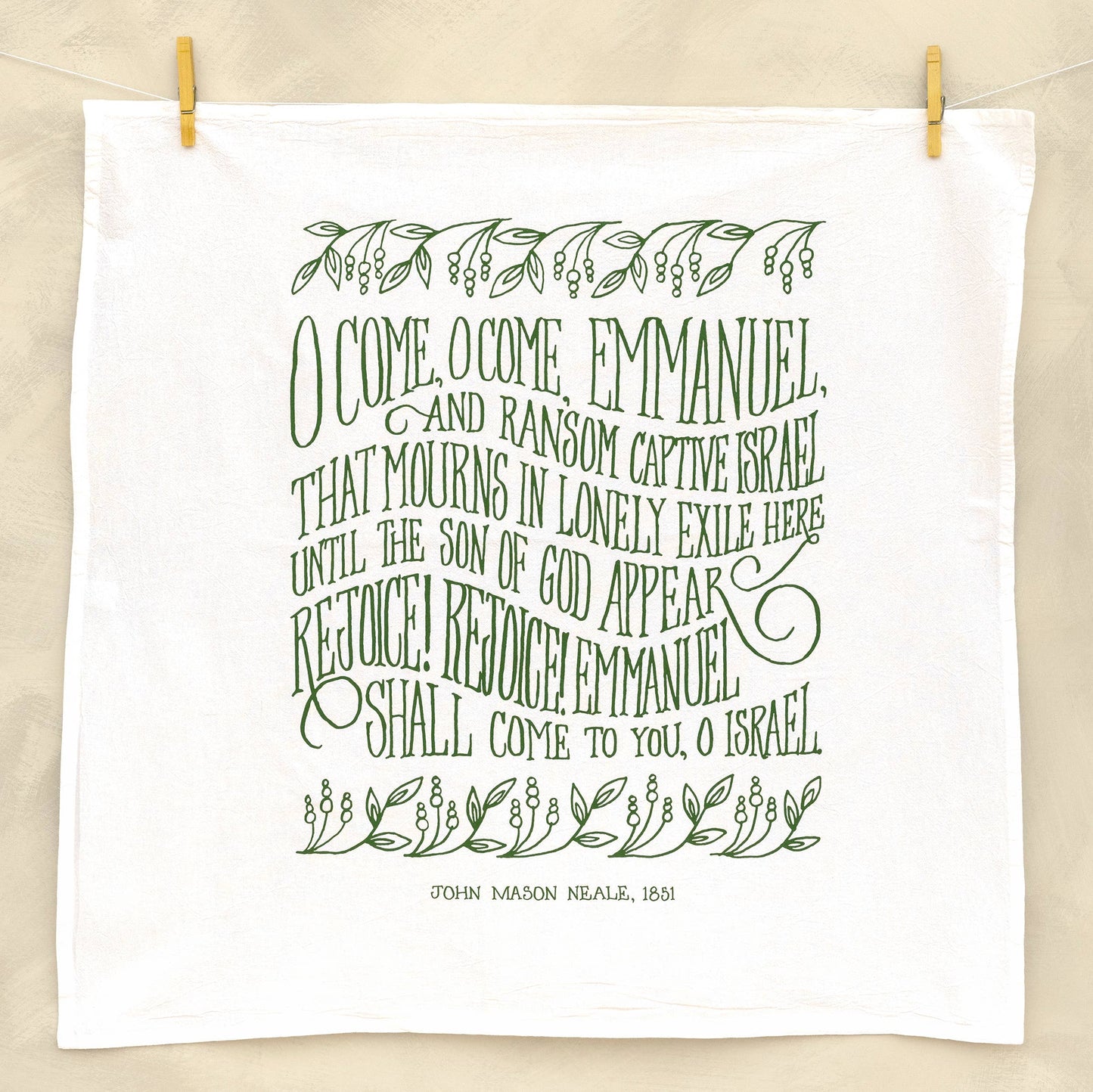 O Come, O Come Emmanuel Christmas Tea Towel - Evergreen