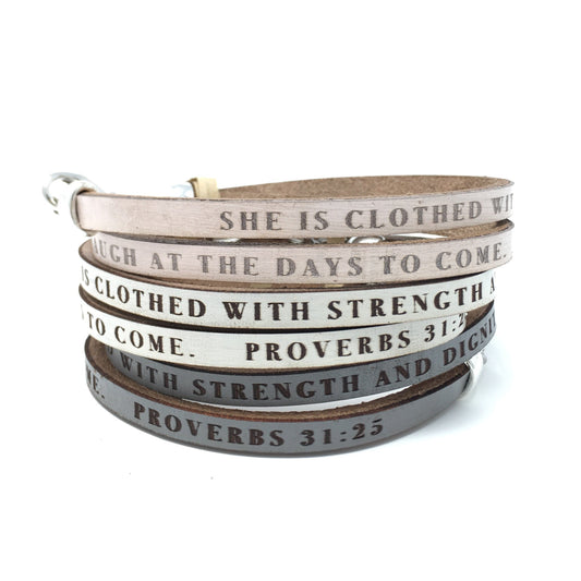 Proverbs 31:25...Daily Reminder Leather wrap bracelet