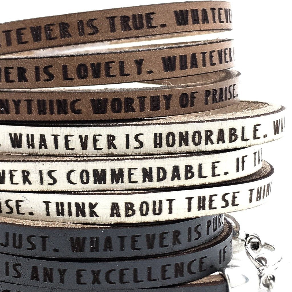 Philippians 4:8...Daily Reminder Leather triple wrap bracelet