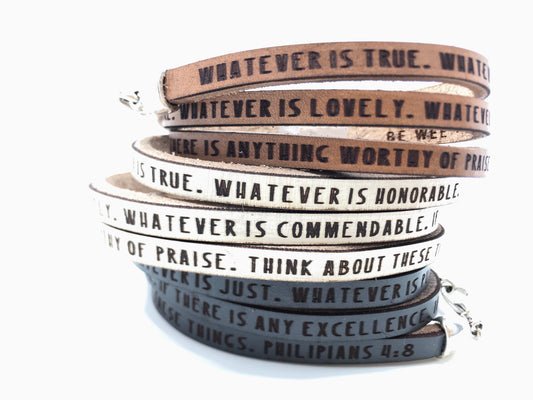 Philippians 4:8...Daily Reminder Leather triple wrap bracelet