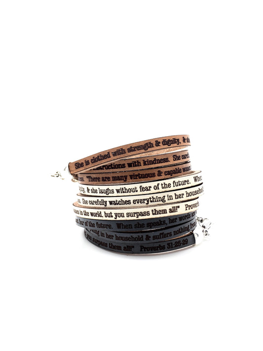 Proverbs 31:25-29...Daily Reminder Leather triple wrap bracelet