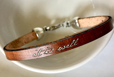 It is Well : Brown Daily Reminder Leather Bracelet Gift for Women Her Friend Mom Christian Jewelry Encouraging Religious Motivational Grief