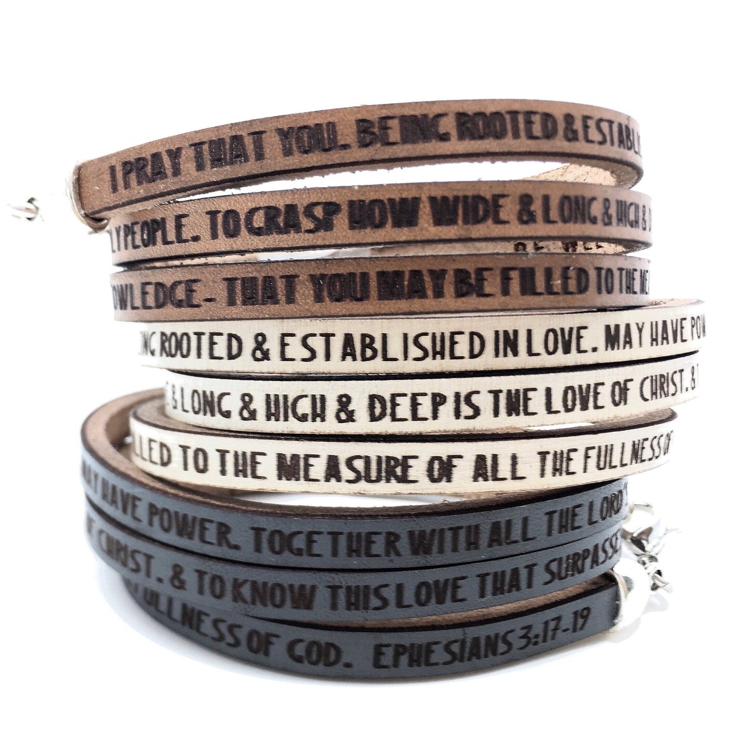 Rooted and established in love...Christian Leather Triple Wrap Prayer Bracelet. Ephesians 3:17-19 Bible Jewelry. Religious Gift for Women.