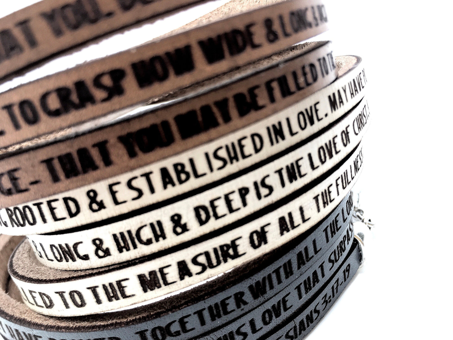 Rooted and established in love...Christian Leather Triple Wrap Prayer Bracelet. Ephesians 3:17-19 Bible Jewelry. Religious Gift for Women.
