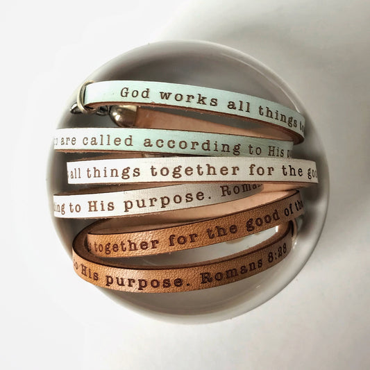 all things work together for good... Romans 8:28  leather bracelet