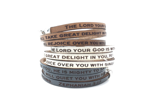 Zephaniah 3:17...  Daily Reminder Leather Triple Wrap Bracelet Christian Jewelry Gifts for Her Women Friend Graduation Religious Grief Hope