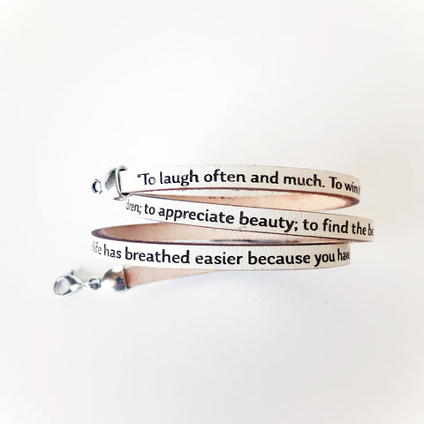 To laugh often... Emerson Quote bracelet.  Daily Reminder Leather triple wrap bracelet. Encouraging gift for her, gift for women